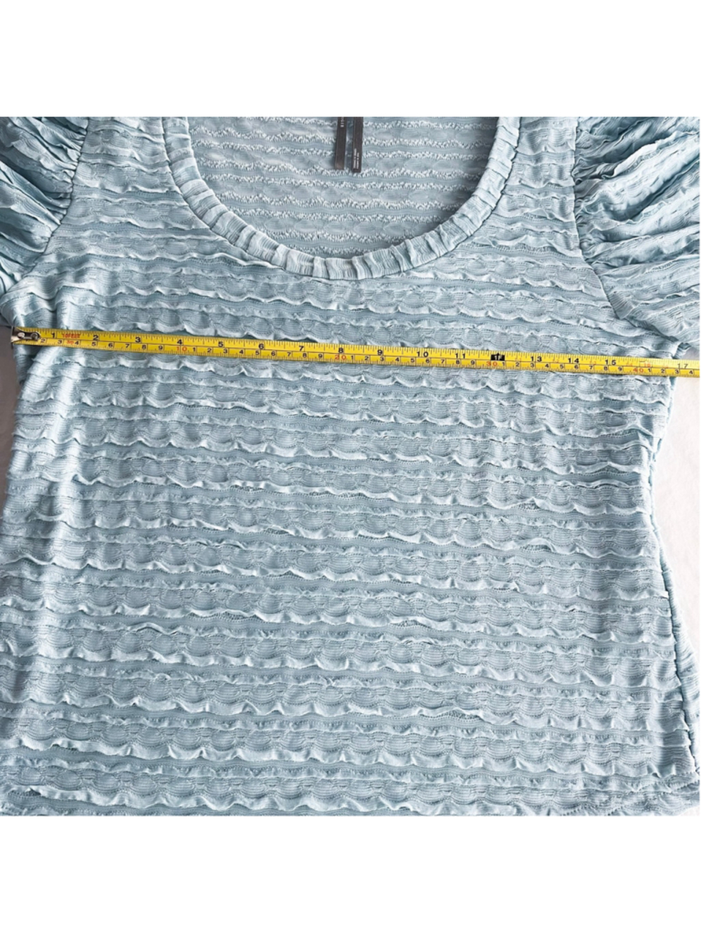 Anthropologie Light Blue Puff-Sleeve Scoop Neck Blouse Ruffle M Spring Coquette - Picture 6 of 7